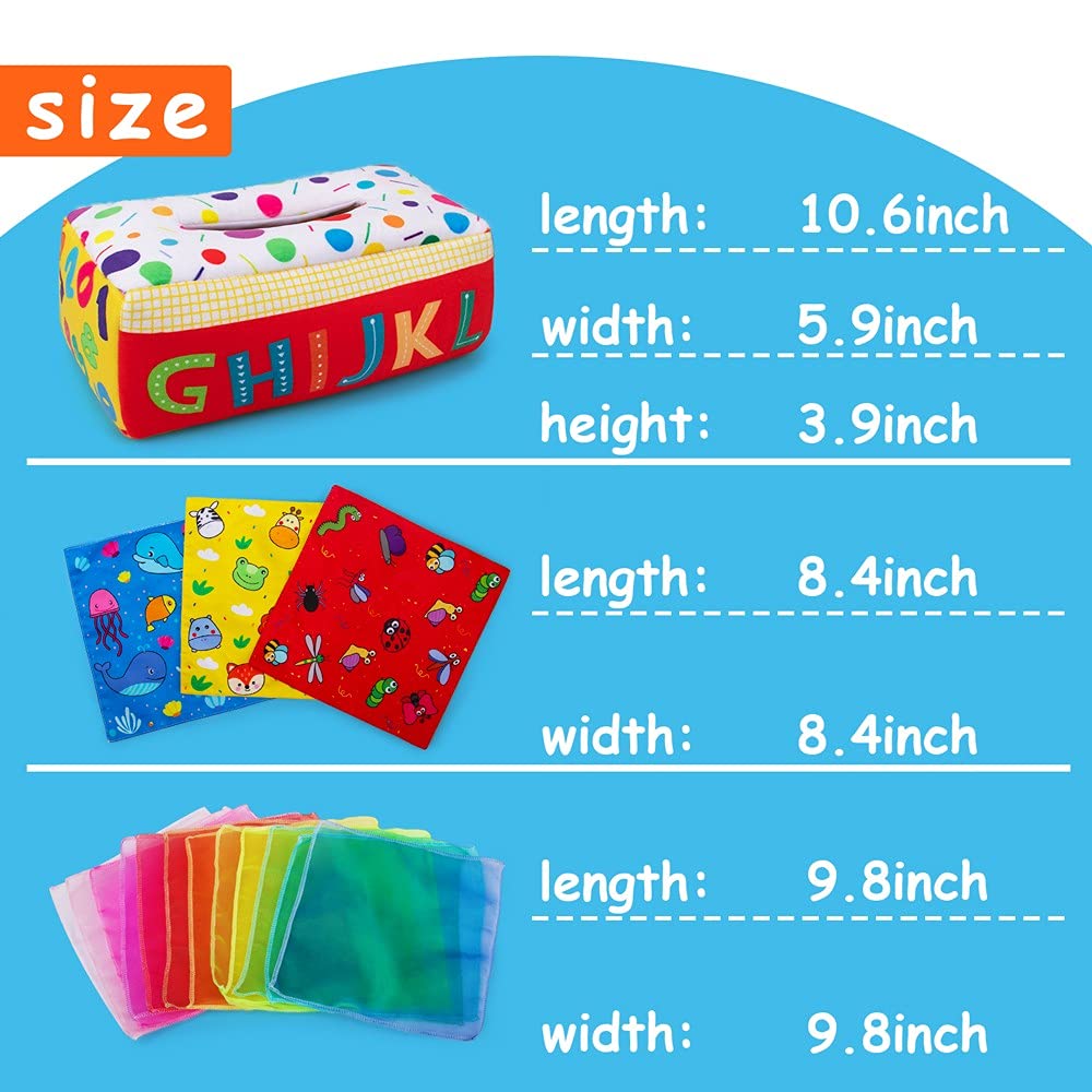 teytoy My First Baby Tissue Box, Soft Stuffed High Contrast Crinkle Montessori Square Sensory Toys Juggling Rainbow Dance Scarves for Toddler, Infants, Newborns and Kids Educational Preschool Learning
