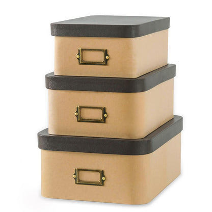 Soul & Lane Kraft Decorative Boxes with Buffalo Leather Lids - Set of 3, Cardboard Memory Boxes for Keepsakes with Bronze Label Holders, Perfect for Home and Office Decor and Organizing