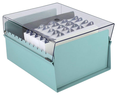 Acrimet 5 X 8 Card File Holder Organizer Box Metal Base Heavy Duty (AZ Index Cards and Divider Included) (Green Color with Clear Crystal Plastic Lid Cover)