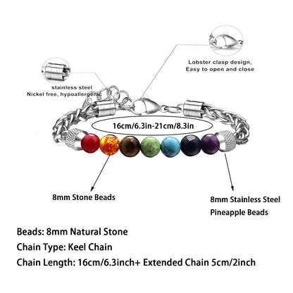 LIU JUN 7 Chakra Bracelet For Men, 8MM Natural Stone Pineapple Beads Stainless Steel Adjustable Silver Cuban Link Chain Handmade Power Healing Gift Jewelry (7 Chakra)