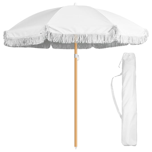 Talltalk 6 Ft Outdoor Beach Patio Umbrella with Fringe, Steel Pole, Steel Ribs and Carry Bag Elegant Table UPF 50+ UV Boho Umbrella for Outdoor Patio Picnic Beach Backyard(White No Steering)