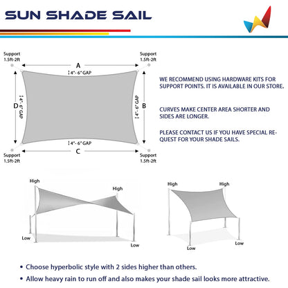 Windscreen4less 8' x 8' Sun Shade Sail Rectangle Outdoor Canopy Cover UV Block for Backyard Porch Pergola Deck Garden Patio (Gray)