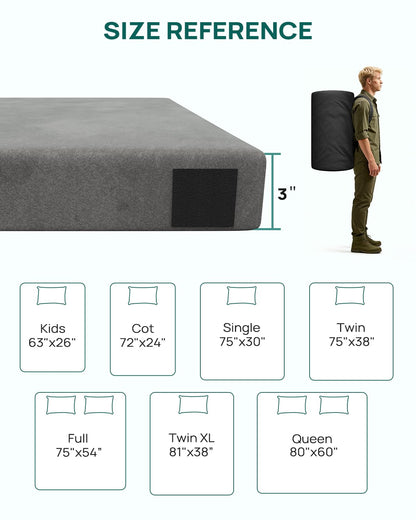 Releep 3 Inch Small Single Dual-Sided Memory Foam Camping Mattress, Waterproof Camping Sleeping Pad with Portable Pillow & Carry Bag, Roll Up Cot Mattress Mat for Guest Bed/Car/Tent