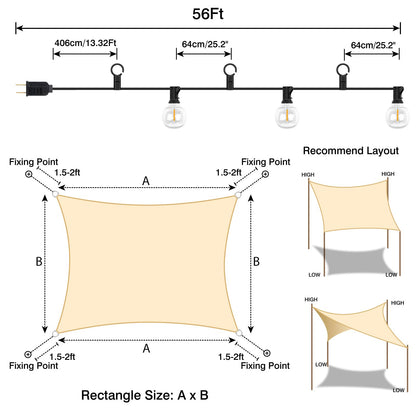 Brillihood Sun Shade Sail with LED G40 String Lights, 8‘ x 12' Rectangle Beige Shade Cloth, 95-98% UV Protection, Ideal for Patio, Garden, Backyard - Easy to Install with Innovative Hooks