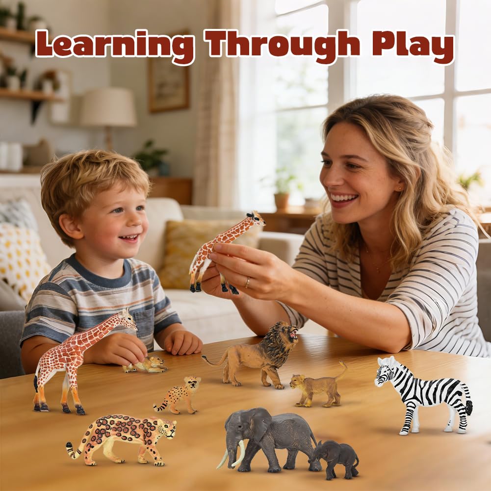 Safari Zoo Animals Figures Toys, 14 Piece Realistic Jungle Animal Figurines, African Wild Plastic Animals with Lion, Elephant Educational Learning Playset for Toddlers, Birthday Gifts Christmas