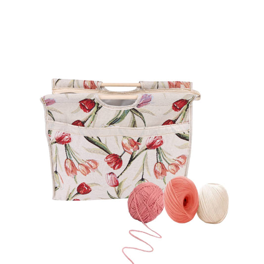Knitting Yarn Storage Bag, Tote Organizer for Yarn Crochet Hooks Needles and Wool, Also for Magazines Sweaters, with Zipper, Wooden Handle, 2 Colors(Rose)