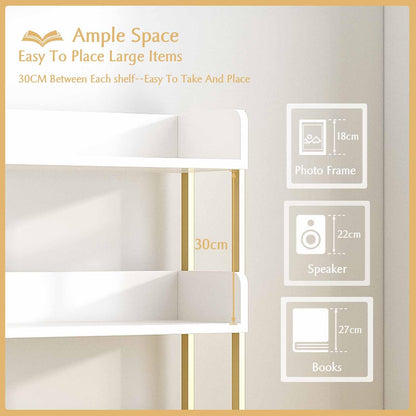 OSCHF Wide Open Shelf Bookcase - Modern 4-Tier Floor Standing Display Bookshelf with Three-Side Baffles for Home and Office, Storage Shelving in Warm White with Gold Frame