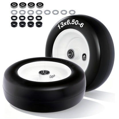 QILINGLORY 13x6.50-6 Flat Free Lawn Mower Tires and Wheel with 3/4" bearing bore Flat-Free, with 5/8” Bearings & Spacers, Fits Riding Mower, Zero Turn, Garden Tractor, 500 lbs Capacity, 2-Pack