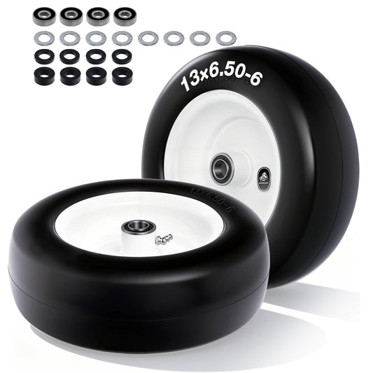QILINGLORY 13x6.50-6 Flat Free Lawn Mower Tires and Wheel with 3/4" bearing bore Flat-Free, with 5/8” Bearings & Spacers, Fits Riding Mower, Zero Turn, Garden Tractor, 500 lbs Capacity, 2-Pack