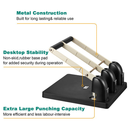 Harloon 3 Hole Puncher for Binder Metal 150 Sheet Capacity 13 x 12.2 x 6.2 Inch Black Silver Paper Punch Large Heavy Duty Puncher Lever Handle for Office Essentials Accessories Print Shops Home
