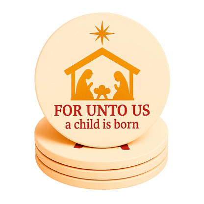 for Unto Us A Child is Born Nativity Scene Christmas Coasters Set of 4, Absorbent Ceramic with Non-Slip Cork Backing – Christian Religious Holiday Drink Coasters for Coffee Table, Home, Church Decor