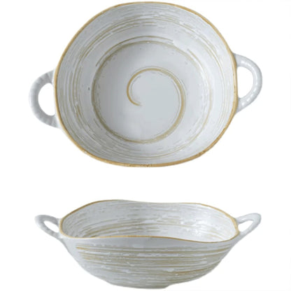 Handcrafted Ceramic Bowl with Handles – 7.7” Free-Form Edge Irregular Bowl Opening, Embossed Spiral Pattern, 700ml – Multipurpose Serving & Decor – Oven, Microwave, Dishwasher Safe