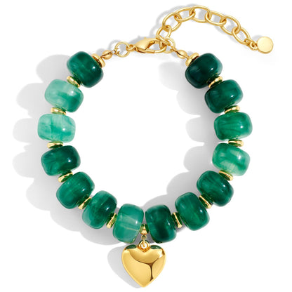 FAUTHENTICUTE Boho Green Beaded Bracelets for Women Chunky Bead Strand With A Small Gold Heart Charm Trendy Stacking Bracelet Gift Perfect Summer Beach Jewelry Gift
