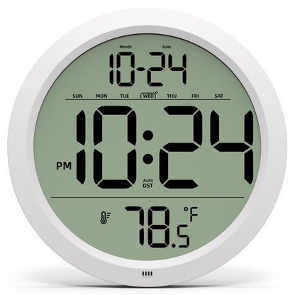 Digital Wall Clock with Date, Indoor Temperature, Auto-DST, Battery-Operated Digital Clock, 8 Inch Small Decorative Wall Clock for Bedroom, Living Room, Home, Kitchen, Office, Modern, Electric, Simple