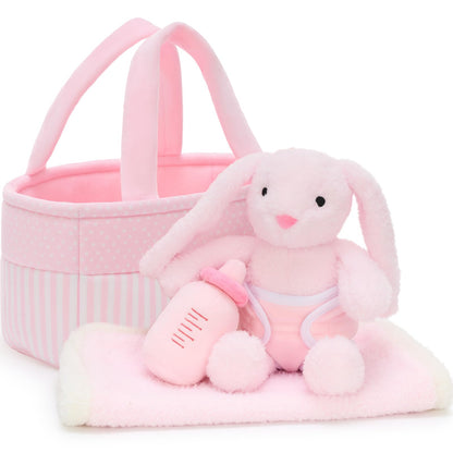 MaoGoLan 5pcs Baby Bunny Doll Set Bunny Plush Toys for Girls Kids, Pink Bunny Stuffed Animal with Doll Accessories (Bassinet/Diaper/Bottle/Blanket), Pretend Play Toys, Gift for Little Girls