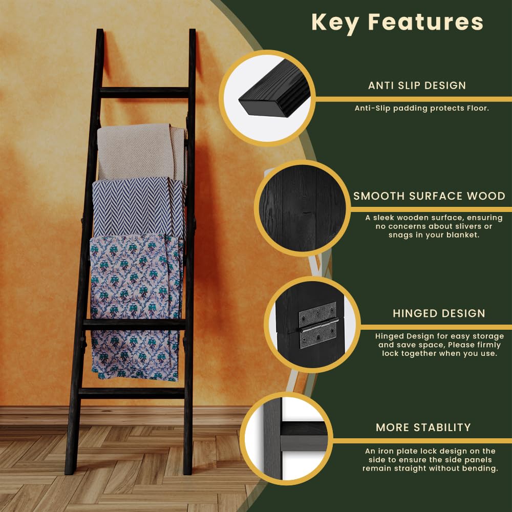 Decorative Wooden Blanket Ladder for the Living Room and Bedroom, 5ft 8 inch, Pine Wood Quilt Ladder, 6-Tier Wall Leaning Blanket Rack Stand, Farmhouse blanket ladder for Home Décor N Display. (Black)