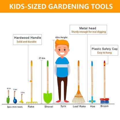 POMIKU Toddler Gardening Tools, Kids Rake and Shovel Set for Digging Dirt, Children Broom for Outdoor Yard Garden Camping, Montessori Toys for Ages 3 4 5 6 7 8 Years Old (8PCS)