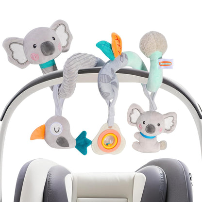 JINBOBUBU Baby Spiral Car Seat Toy, Stroller Hanging Sensory Toy for Newborn 0-12 Months, Soft Plush with Rattle Crinkle Teether, Koala Bird Activity Toy for Infant Boys Girls