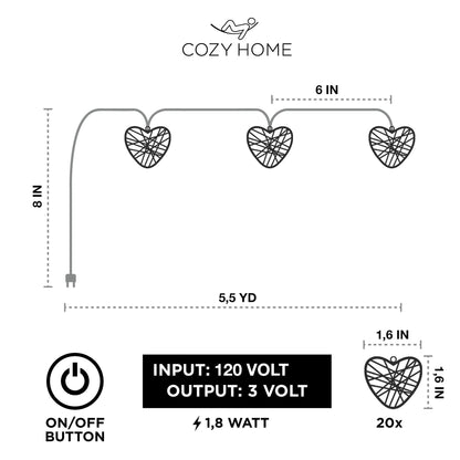 Cobus CozyHome Heart String Lights – 23 FT & 20 Warm White LEDs | Indoor | Christmas Fairy Lights Engagement Wedding Decoration Table Decoration Fairy Lights