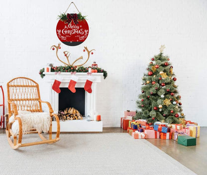 Fenarenes Christmas Welcome Sign for Front Door Decorations Hanging - Christmas Round Wood Sign with Bow for Farmhouse Outdoor Wall Home Decor 12x12 In