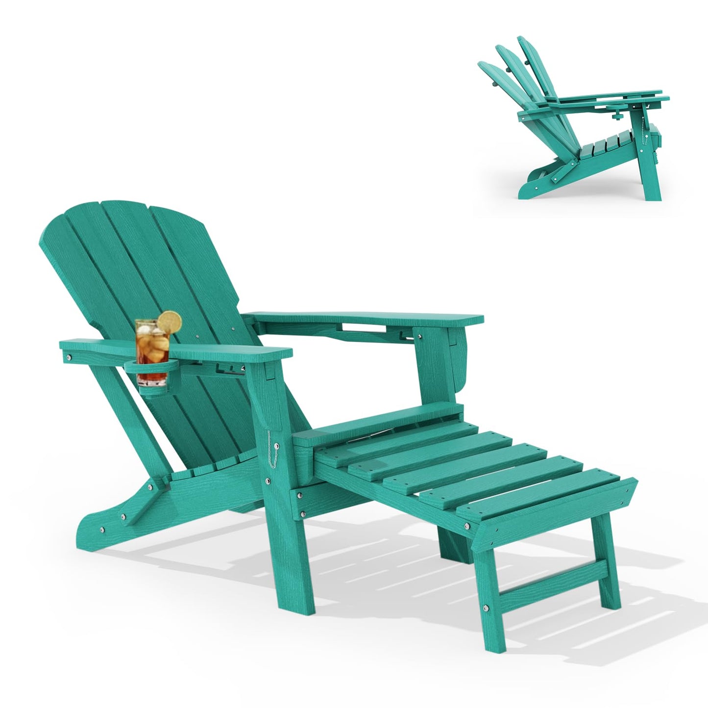 LOUNZY Folding Adjustable Adirondack Chair with Retractable Ottoman, HDPE Recliner Adirondack Chair with Cup Holder for Deck Lawn Fire Pit, Aruba