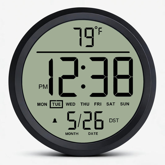 Maxstar Digital Wall Clock Battery Operated, 8 Inch Digital Clock with Date and Temperature, 12/24H, Seconds, Alarm, DST, Desktop/Wall Mounted for Home, Office, Bedroom(Black)