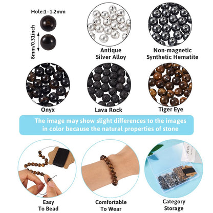 FASHEWELRY Mala Yoga Men Bracelet Making Kit - 220pcs Natural Gemstone Lava Rock Tiger Eye Beads Healing Crystal Chakra Stone Beads with Black Nylon String for Essential Oil Diffuser Jewelry Making