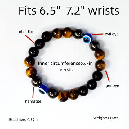 WEFRIN Evil Eye with Hematite Black Obsidian Tiger Eye Stone Triple Protection Bracelets for Men Women, Crystal Stone Bracelet Bring Luck Prosperity and Happiness Jewelry