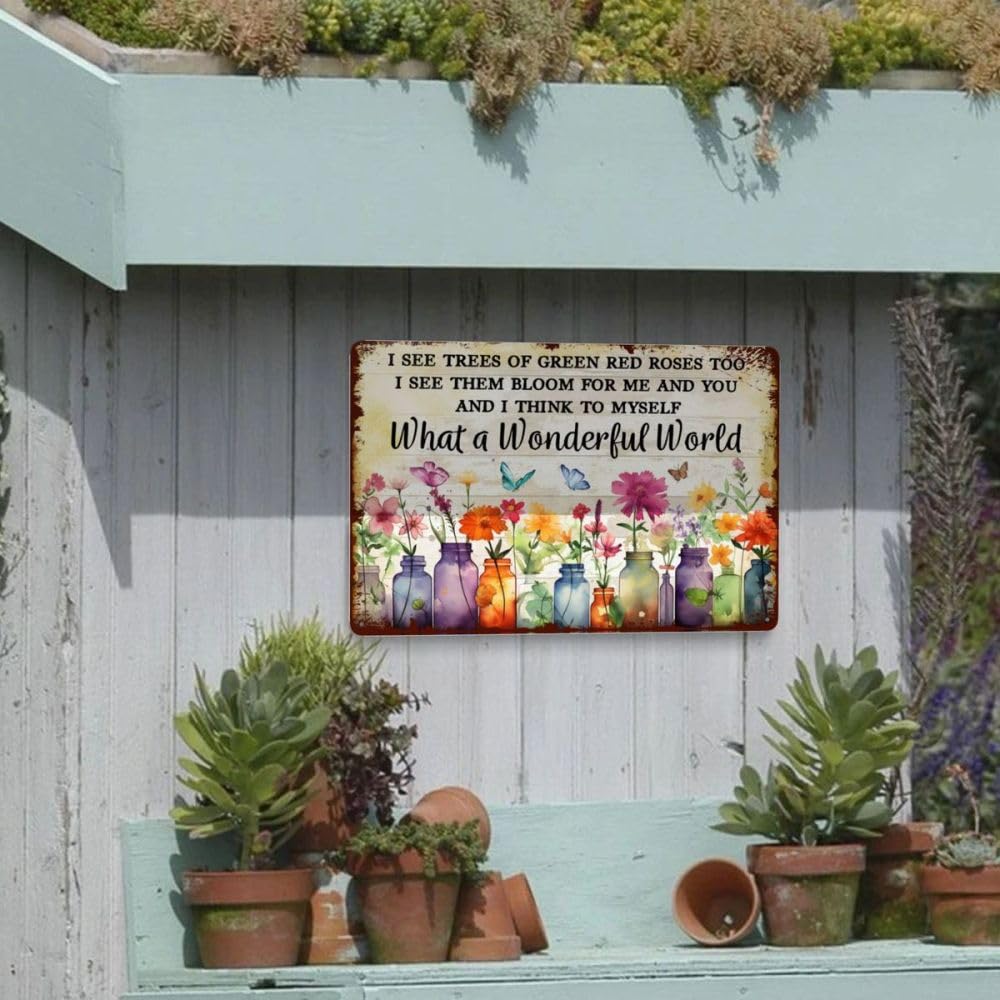 Retro Metal Signs Bundle: 'What a Wonderful World' & More - 4pc Set, 12x8 Inch, Decorative Garden Art for Yard & Porch