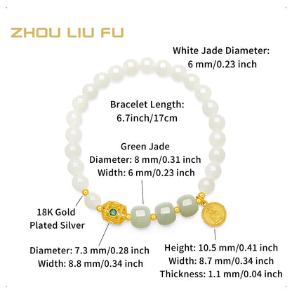 ZHOU LIU FU Sterling Silver Bracelets White Jasper Bracelet Bead Bracelet Green Jasper Round Fortune Charm Bracelet Stretch Bracelet for Women Mom Lover Birthday Aniversary 6.7inch/17cm