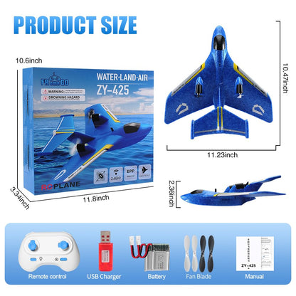 RoofWorld RC Water Plane,RC Airplane for Water Land and Air, Remote Control Airplane Flying Fighter Toys,2.4GHz 6-axis Gyro Stabilizer RTF Glider Aircraft Jet for Kids Adults Beginners Boys (Blue)