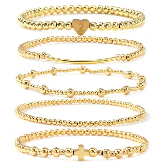 14K Gold Cross Beaded Initial Bracelet Stack for Women,Dainty Stretch Gold Plated Letter “Z” Stackable Bracelets Bohemian Layered Prom Party Accessories Jewelry Gift Friendship