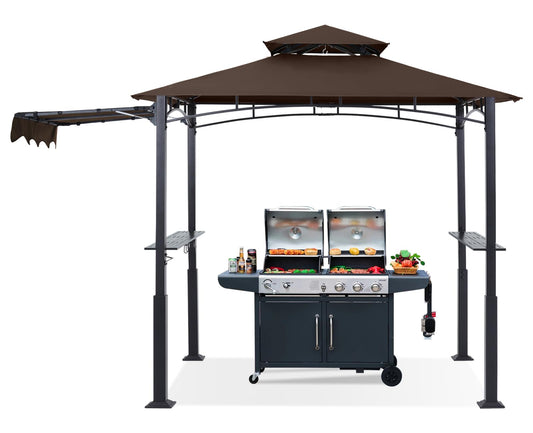 ABCCANOPY Grill Gazebo with Extra Awning - 11x5 Outdoor BBQ Canopy Shelter with 2 Led Lights for Patio Backyard Grilling (Coffee)