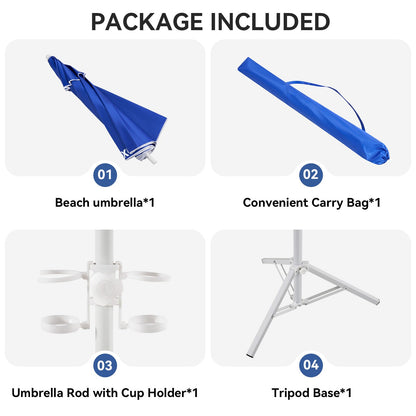 Aoxun Portable Umbrella with Stand, 6.5ft Sun Shade Umbrella with Stand, Lightweight Adjustable Standing with Sand Anchor and Carry Bag, Instant Sun Protection, Easy to Carry, Blue