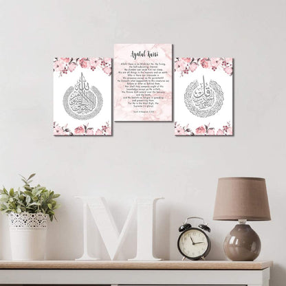 3 Pcs Pink Islamic Calligraphy Flora Ayatul Kursi Quran Muslim Canvas Painting Wall Art Poster Print Living Room Bedroom Decor Modern Home Decorations Paintings Gallery Wrapped Ready to Hang-36"Wx16"H