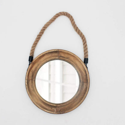 Funly mee Rustic Round Decorative Mirror with Solid Wood Frame&Rope Hanging,Farmhouse Antique Wall Decor(Small 9.9X9.9in)