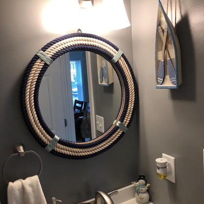 The Worlds Craft Nautical Round Rope Mirror - White Twisted Rope Wall Hanging Mirror, Rustic Boho & Coastal Farmhouse Décor for Bathroom, Bedroom, Nursery, or Entryway