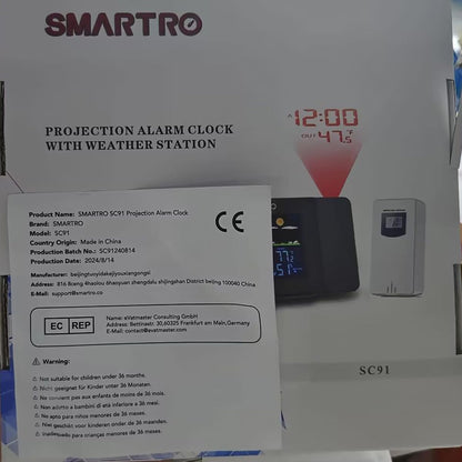 SMARTRO SC91 Projection Alarm Clock for Bedrooms with Weather Station, Wireless Indoor Outdoor Thermometer, Temperature Humidity Monitor Gauge Hygrometer