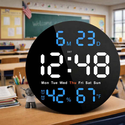 Brauthon Large Digital Wall Clock for Classroom, 10 Inch Large Display LED Electric Round Clocks for Teachers, Kids Office with Date, Temperature, Timer, Remote Control (Blue)