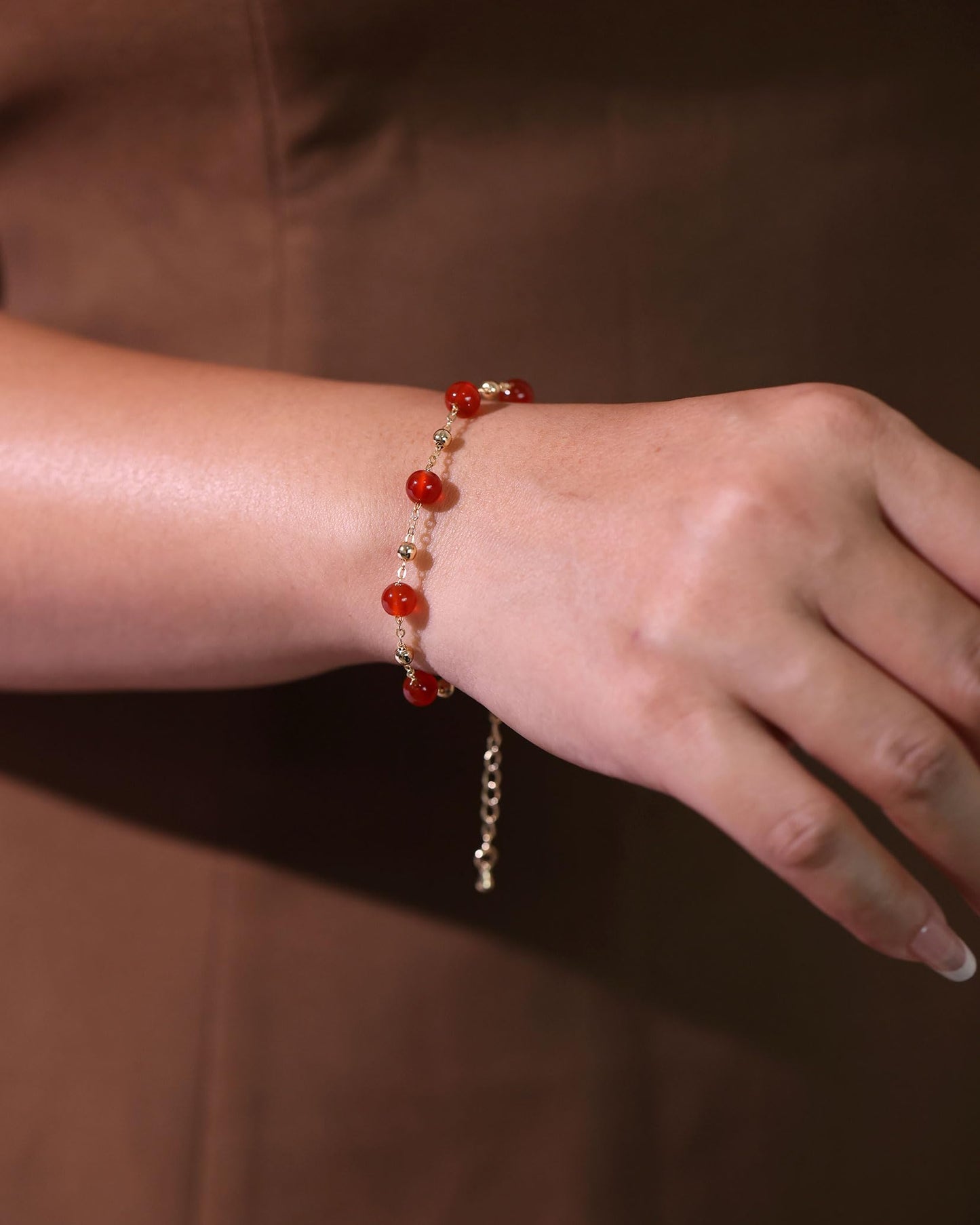 Xfoxstal 14K Gold Plated Chain Bracelets for Women Crystals and Stones Beaded Bracelets Jewelry Adjustable (Red Agate)
