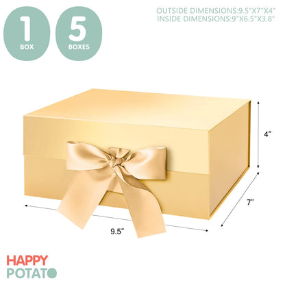 HAPPY POTATO 5 Gift Boxes with Ribbon 9x6.5x3.8 Inches, Gold Gift Boxes with Lids, Collapsible Boxes, Magnetic Closure Boxes for all occasion (Glossy Gold, Pack of 5)