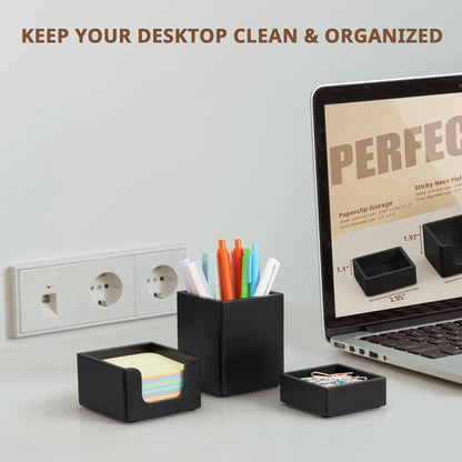 CMLKLZD Black Desk Organizer Set of 3 - Wood Office Desk Accessories - Desk Organizers and Accessories for Women Men - Set incl. Pencil Pen Holder, Paperclip Storage and Sticky Note Holder