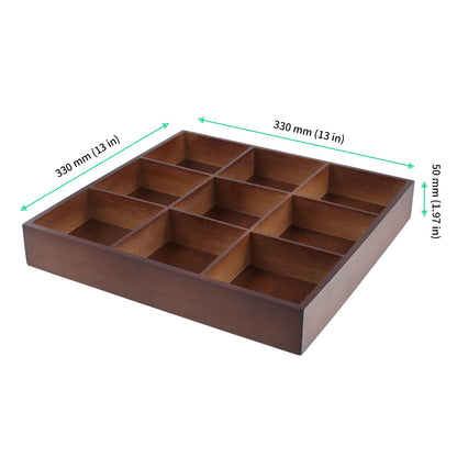 FUNSUEI 2 PCS Multi Compartment Wooden Tray, Divided Wooden Tray, Bamboo Serving Tray with 9 Sections, Wood Divided Snack Tray Storage Box for Appetizers, Jewelry, 12 x 12 x 1.85 Inch