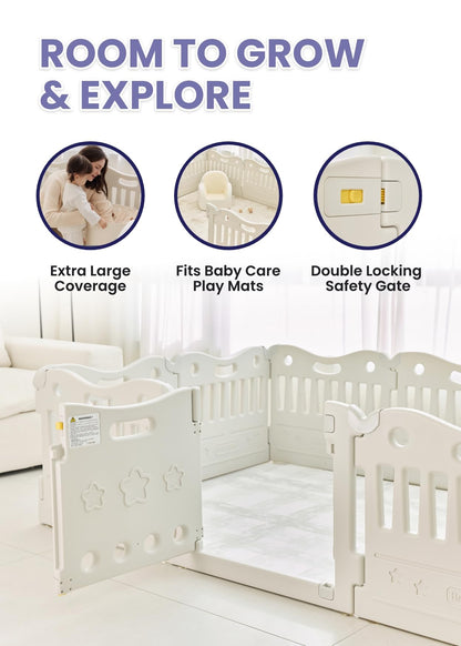 Baby Care Play Mat Funzone Play Pen - Extra Large Baby Play Yard - Play Pen for Baby - Safe with Double Locking (Fog Grey, Full Set)