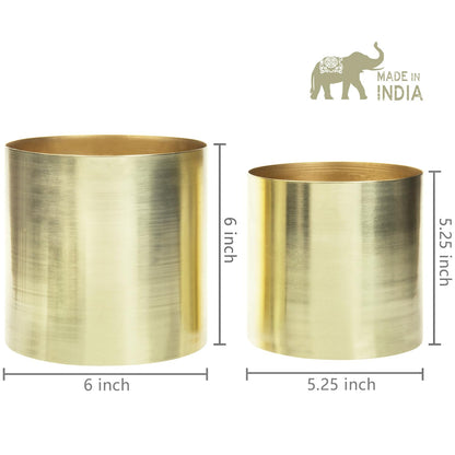 MyGift Modern Brushed Brass Plated Indoor Plant Pot, Cylindrical Metal Vase, 5 and 6 Inch, Set of 2 - Handcrafted in India