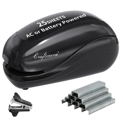 Craftinova Electric Stapler,Including 2000 Staples and 1 Staple Remover, Suitable for Palm Size and high Comfort，25 Sheet Capacity, AC Adapter or Battery Powered，Battery not Included，(Black)…