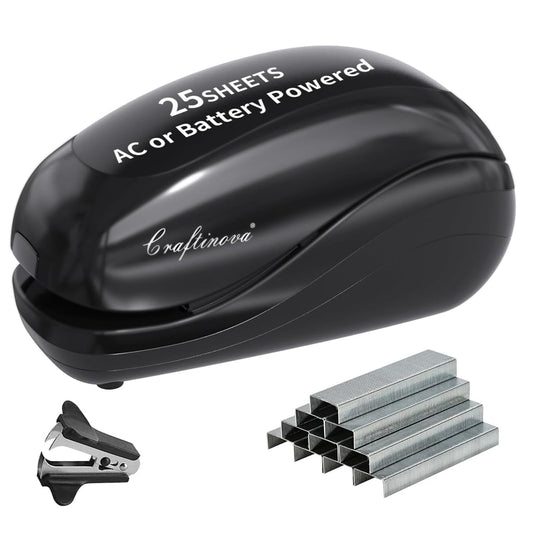 Craftinova Electric Stapler,Including 2000 Staples and 1 Staple Remover, Suitable for Palm Size and high Comfort，25 Sheet Capacity, AC Adapter or Battery Powered，Battery not Included，(Black)…
