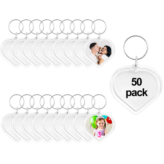 BRT Bearingshui 50pcs Pendant Picture Frame Keyrings, Clear Acrylic Photo Frame Keyring Holder, Make Your Own Personalized Keyring Kit, Heart Shaped Blank Photo Insert Keychain for DIY Craft