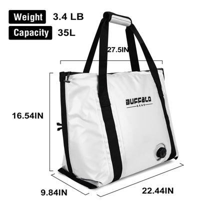 Buffalo Gear Insulated Fish Bag Cooler Flat Bottom-35L Waterproof Fish Kill Bag,Small Fishing Bag Leakproof Fish Cooler (White)