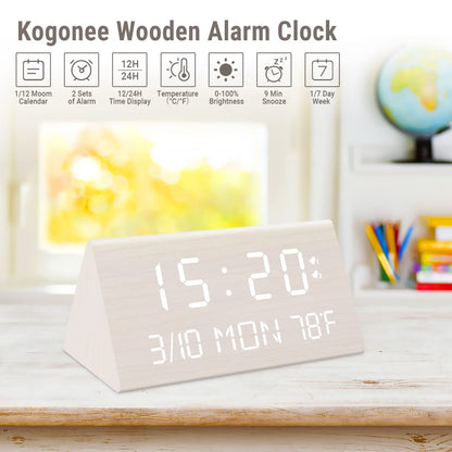 Kogonee Wooden Digital Alarm Clock, 0-100% Dimmer, 2 Alarm Settings, Weekday/Everyday Mode, 9 Mins Snooze, 12/24H, Temperature and Date Display for Office, Travel, Bedroom Alarm Clock (White)